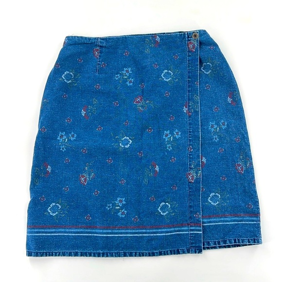 Vintage Requirements linen blend Floral Blue Denim faux wrap Skirt L - Picture 1 of 8